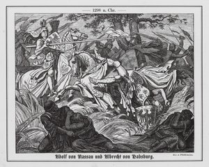 Adolf Nasavský a Albert I. Habsburský v bitvě u Gollheimu od Hermann Pluddemann