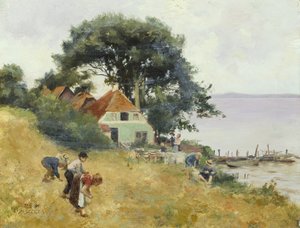 Děti Gleaning by a Lake, cca 1900-10 (olej na panelu)