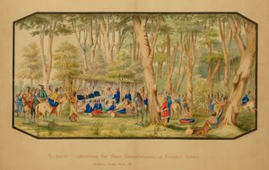 Sa-tan-ti promlouvá k mírovým komisařům v Council Grove, Medicine Lodge Creek, 1867.