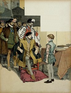 Francouzský král Jindřich II. (1519-1559) obklopený svými gentlemany rád zpochybňuje Jindřicha IV. (1553-1610) jako dítě pro své sousedy. Ilustrace Hermann Vogel (1856-1918) v „“ Henri IV““ od Hermann Vogel