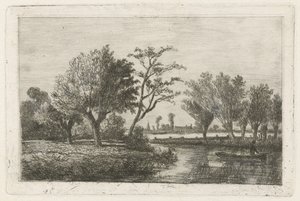 Řeka s rybářem ve člunu od Hermanus Jan Hendrik van Rijkelijkhuysen