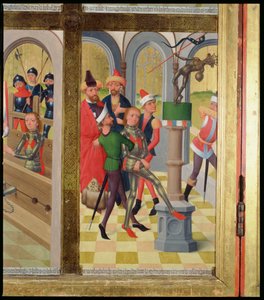 Svatý Viktor z Marseille srážející pohanskou modlu z hlavního oltáře kostela sv. Mikuláše, 1481 (detail) (viz 197689-92)