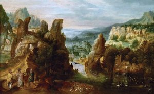 Krajina s cestou do Emauz - Krajina s cestou do Emauz - Henri de Herri se setkal s de Bles (1510-1550). Olej na dřevě, cca 1535-1540. Rozměry: 14,6 x 33,5 cm. Uměleckohistorické muzeum, Vídeň