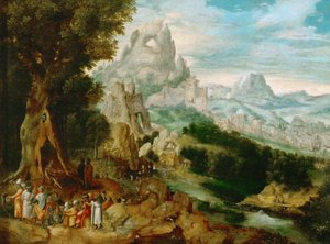 Paysage avec Saint Jean Baptiste prechant - Krajina s kázáním svatého Jana Křtitele, od Herri met de Bles (Henri Bles) (1510-1550). Olej na dřevě, cca 1535-1540. Rozměr: 29 x 39 cm. Uměleckohistorické muzeum, Vienne