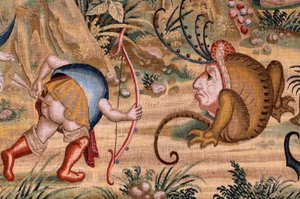 Vlámský gobelín. Série Čtyři gobelíny podle Hieronyma Bosche. Svatý Antonín v modlitbě (San Antonio en oración). Druhá tapisérie v sérii. Model Inspirován dílem Hieronyma Bosche. Výroba neznámá dílna, Brusel. Před rokem 1560. Fabric Go