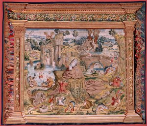 Vlámský gobelín. Série Čtyři gobelíny podle Hieronyma Bosche. Svatý Antonín v modlitbě (San Antonio en oración). Druhá tapisérie v sérii. Model Inspirován dílem Hieronyma Bosche. Výroba neznámá dílna, Brusel. Před rokem 1560. Fabric Go od Hieronymus (after) Bosch