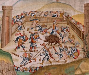 Vlámský gobelín. Série Čtyři gobelíny podle Hieronyma Bosche. Svatý Martin (San Martín). První tapisérie v sérii. Model Inspirován dílem Hieronyma Bosche. Výroba neznámá dílna, Brusel. Před rokem 1560. Tkanina Zlato, stříbro, hedvábí a woo od Hieronymus (after) Bosch