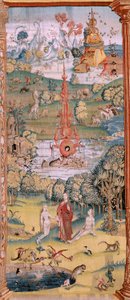 Vlámský gobelín. Série Čtyři gobelíny podle Hieronyma Bosche. Zahrada pozemských rozkoší (Jardín de las Delicias). Čtvrtá tapisérie v sérii. Model Inspirován dílem Hieronyma Bosche. Výroba neznámá dílna, Brusel. Před 1560. Fa od Hieronymus (after) Bosch