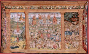 Vlámský gobelín. Série Čtyři gobelíny podle Hieronyma Bosche. Zahrada pozemských rozkoší (Jardín de las Delicias). Čtvrtá tapisérie v sérii. Model Inspirován dílem Hieronyma Bosche. Výroba neznámá dílna, Brusel. Před 1560. Fa
