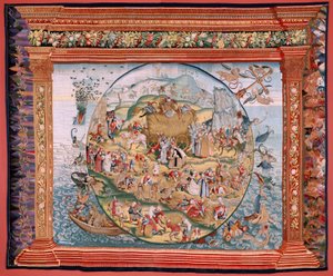 Vlámský gobelín. Série Čtyři gobelíny podle Hieronyma Bosche. Soužení lidského života (Tribulaciones de la vida humana). Třetí tapisérie v sérii. Model Inspirován dílem Hieronyma Bosche. Výroba neznámá dílna, Brusel. Před rokem 1560