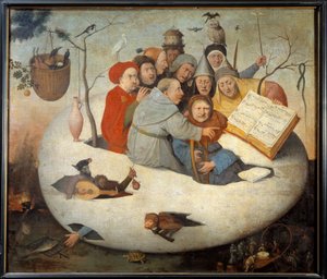 Koncert ve vejci Satira alchymie symbolizovaná filozofickým vejcem. Obraz podle Hieronyma Van Aekena (Aken) dit Jerome Bosch (1450-1516) 15. století Sun. 1,08x1,26 m Lille, musee des Beaux Arts. - Koncert ve vejci. Satira alchymie sym