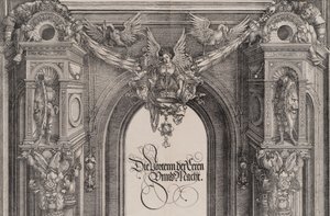Horní část vchodu do centrálního portálu s okřídlenou postavou držící I..., 1515.