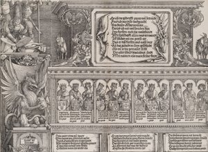 Horní část pravého portálu s nápisem na jelení kůži, vlys s ..., 1515.