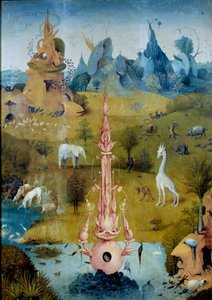 Ráj La Fontaine. Detail levé části triptychu „Zahrada lahůdek“ od Hieronyma Van Akena (Aken) dit Jerome Bosch (1450-1516) od Hieronymus Bosch