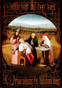 Extrakce kamene šílenství (Cutting the Stone nebo The Cure of Folly) - Malba od Hieronymus Bosch