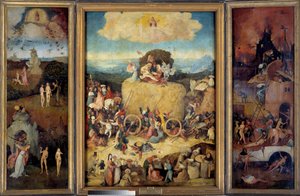 Alegorie vozu sena o průsmyku, současnosti a budoucnosti. Levý panel představující stvoření Adama a Evy, prvotní hřích a lovy Adama a Evy z pozemského ráje. Uprostřed vyobrazení vřavy davu a mužů w od Hieronymus Bosch