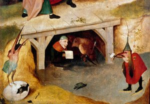 Triptych pokušení, detail. Levá strana: útěk a pád svatého Antonína Velikého (nebo svatého Antonína poustevníka nebo svatého Antonína Abbe. Obraz Hieronyma Van Aekena (Aken) dit Jerome Bosch (1450-1516) od Hieronymus Bosch