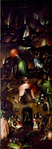 Tryptic of the Last Judgment: pravý panel představující peklo. Malba na dřevě od Hieronyma Van Aekena (Aken) dit Jerome Bosch (1450-1516) 1504 circa Sun. 167,5x60 cm Vídeň, obrazárna Akademie výtvarných umění hist od Hieronymus Bosch