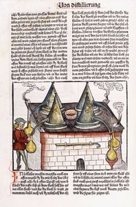 Ilustrace lihovaru z konce 15. století na extrakci esenciálních olejů rostlin, 1500