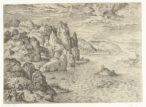 Pobřežní krajina s Hero a Leander Hrdina a Leander Krajiny s biblickými a mytologickými scénami (název série) od Hieronymus Cock