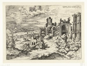 Pohled na Palatine Hill s východem slunce Rvinarvm palatii maioris (...) (název na objektu) Římské ruiny (název série) od Hieronymus Cock