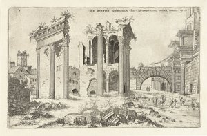 Gezicht op het Forum van Nerva Ex incertis qvibvsdam Ro Antiqvitatis Rvinis (...) (název na předmětu) Římské ruiny (název série) od Hieronymus Cock