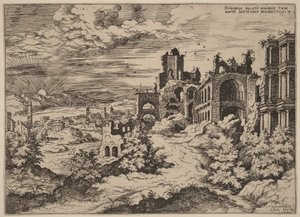 Ruiny na Palatinu s panoramatickým výhledem od Hieronymus Cock