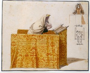 Akvarel, peříčko, 27 x 33 cm. Rabín v synagoze, kresba Hieronyma Hesse (1799 - 1850), projekt na figurku. (JM 1190) Židovské muzeum v Basileji, Švýcarsko. od Hieronymus Hess