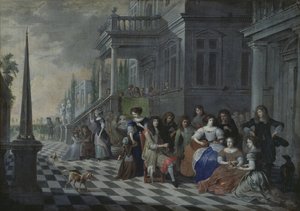 Postavy tvořící hudbu před palácem, 1672