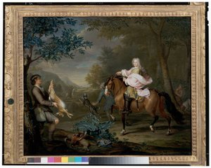 Gentleman na koni s lovci v rozsáhlé krajině od Hieronymus van der Mij