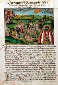 Venezuelané útočící na španělské conquistadory, 16. století od Hieronyouse Koler