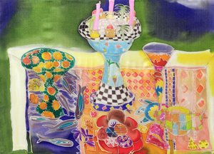 Fish Table, 2006 (barvy na hedvábí) od Hilary Simon