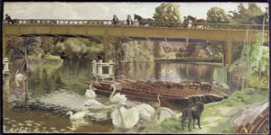 Swans, Cookham Bridge (olej na plátně) od Hilda Carline