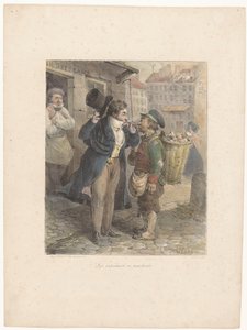 Dobře oblečený pán si zapaluje doutník z dýmky dělníka v hadrech Les extrêmes se touchent (nadpis na objektu) Litografické skici (název série) Croquis lithographiques (název série na předmětu)
