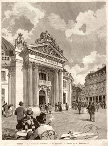 Burza cenných papírů v Paříži v roce 1889. Kresba M. Berteault od Hippolyte Berteaux