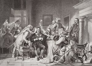 Karel I. (1600-49) ve strážnici uražený vojáky Olivera Cromwella, z „Ilustrace anglické a skotské historie“ svazek I od Hippolyte Delaroche