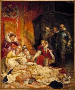 Smrt Elizabeth Iere, královny Anglie v roce 1603 Královna Alžběta zemřela na deprese a nemoci dne 24. 3. 1603, obklopena svými dvořany. Obraz od Paula Delaroche