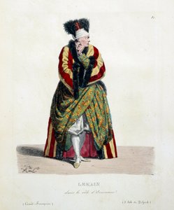 Francouzský herec Henri Louis Cain zvaný Lekain nebo Le Kain (1729-1778) v roli Orosmanea ve Voltairově hře Zair (1694-1746) ve Francouzské komedii. Litografie od Hippolyte Lecomta (1781-1857) Soukromá sbírka z 19. století