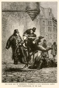 Jeho vlasy byly celé v nepořádku, bez klobouku, srážely chodce, na kterých běžel, z „Cesta kolem světa za osmdesát dní“ od Julese Verna (1828-1905), vyryl Louis od Hippolyte Leon (after) Benett