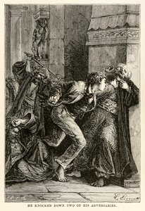 Srazil dva ze svých protivníků, z knihy Cesta kolem světa za osmdesát dní od Julese Verna (1828-1905), rytina Louise Dumonta (nar. 1822), 1873 od Hippolyte Leon Benett