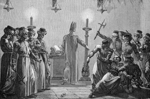 Rituální vražda spáchaná Danity podle tvrzení mormonských odpůrců, nakreslená Davidem a vyrytá A. Gusmandem