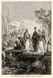 Hledá vaše čest loď?, z knihy Cesta kolem světa za osmdesát dní od Julese Verna (1828-1905), vyryl Louis Prevost, 1873