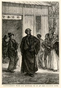 Pasparta vyšla zachumlaná ve starém japonském hábitu, z knihy Cesta kolem světa za osmdesát dní od Julese Verna (1828-1905), vyryla Louis Prevost, 1873