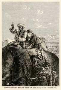 Pasparty neklidná jízda na hřbetě slona, z knihy Cesta kolem světa za osmdesát dní od Julese Verna (1828-1905) vyryla Adolphe François Pannemaker (1822-1900) 1873