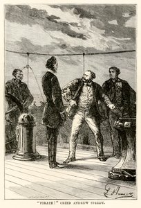 Pirát! volal Andrew Speedy., z knihy Cesta kolem světa za osmdesát dní od Julese Verna (1828-1905), vyryl Louis Dumont (nar. 1822) 1873