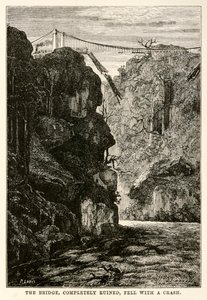 Most, zcela zničený, spadl s havárií, z Cesta kolem světa za osmdesát dní od Julese Verna (1828-1905), vyryl Louis, 1873