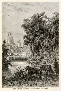 Kouř se zformoval do spirálových sloupů, z knihy Cesta kolem světa za osmdesát dní od Julese Verna (1828-1905), 1873