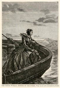 Mladá žena, sedící na zádi, se ztratila v kontemplaci, z knihy Cesta kolem světa za osmdesát dní od Julese Verna (1828-1905), rytina Jean Louis Prevost, (1790-1850), 1873