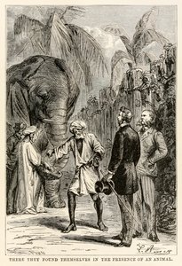 Tam se ocitli v přítomnosti zvířete, z knihy Cesta kolem světa za osmdesát dní od Julese Verna (1828-1905), vyryté Adolphem Françoisem Pannemakerem (1822-1900), 1873