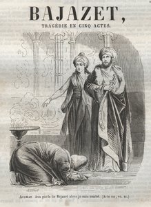 Tragédie Bajazet v pěti dějstvích od Jeana Racina rytina do „Oeuvres de Jean Racine““, ilustrovaná Pauquetem a upozornění Emile de La Bedolliere - 1851